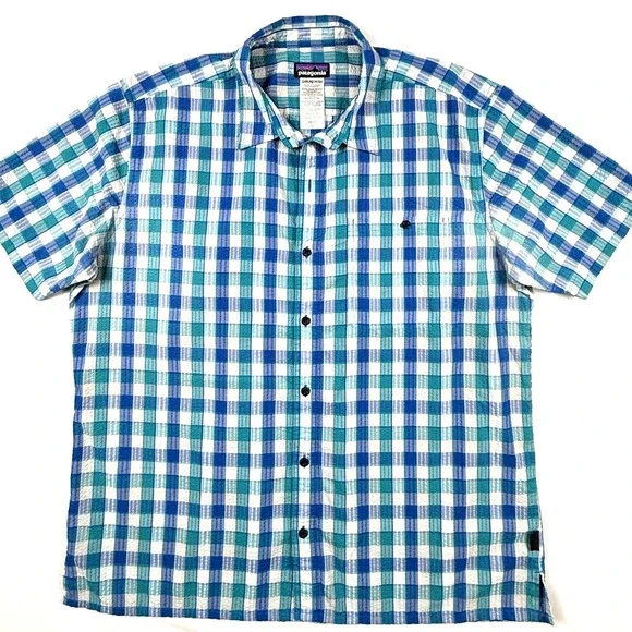 Patagonia Blue Teal Plaid Seersucker Short Sleeve Button Down Shirt Mens XL - Picture 3 of 5
